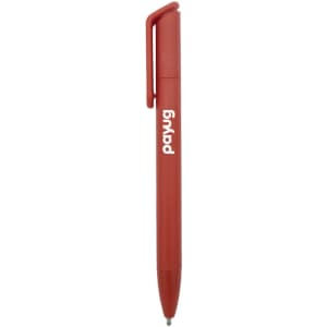 A red ballpoint pen with a clip and a branding logo.