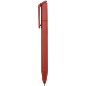 A red ballpoint pen with a clip and rounded tip, featuring a branding logo.
