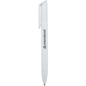 A white ballpoint pen with a clip and a logo on the side.
