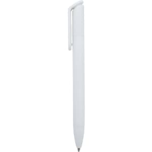 A sleek white ballpoint pen featuring a clip and a simple design, with a branding logo visible.