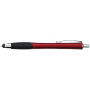 A red stylus pen with a black grip and a silver clip, featuring a logo.