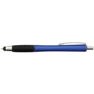 A blue stylus pen with a textured black grip, featuring a clip and a shiny silver tip. The pen also has a branding logo.