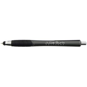 A black stylus pen with a textured grip and a silver clip, featuring a logo on its barrel.