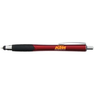A stylus pen in red with a black grip, featuring a branded logo on the barrel.