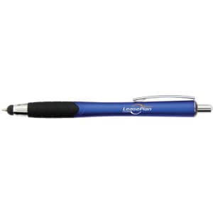 A blue stylus pen featuring a textured grip and a clip, with a logo on the body.