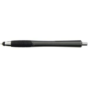 A stylus pen in a sleek black design with a textured grip and silver accents. It features a branding logo.