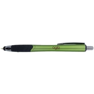 A green stylus pen with a black grip and silver accents. It features a branding logo.