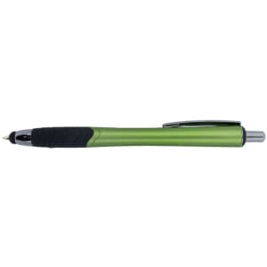 A green stylus pen with a black grip and silver clip, featuring a branding logo.