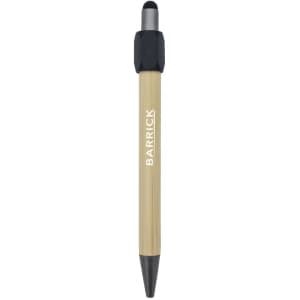 A bamboo spinner pen with a black tip and grip, featuring a logo on its barrel.