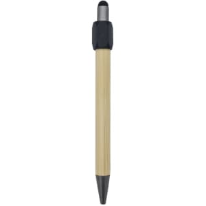 A bamboo pen with a black tip and a textured black grip, featuring a branding logo.