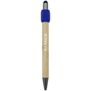 A bamboo pen featuring a blue grip and a black tip, with a logo displayed on the barrel.