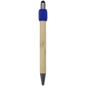 A bamboo pen with a blue silicone grip and metal tip, featuring a branding logo.