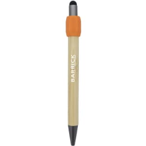 A bamboo spinner pen with an orange grip and black tip, featuring a logo.