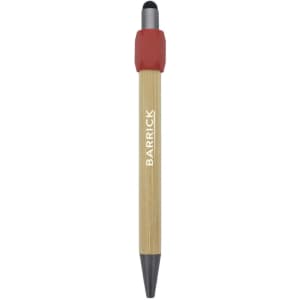 A bamboo rollerball pen with a red cap and black tip, featuring branding on the barrel.
