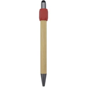 A bamboo pen with a red rubber grip and black tip. The pen features a sleek, natural finish.