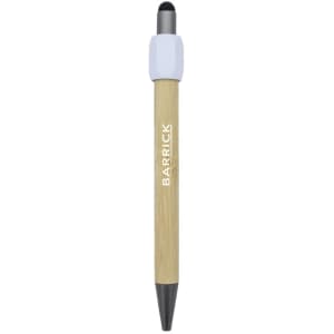 A bamboo spinner pen in natural wood and black, featuring a white grip and branding.