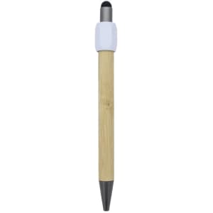 A bamboo spinner pen with a white top and black tip, featuring a metallic clip.