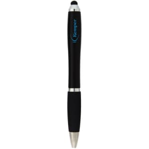 A black stylus pen with a silver tip and a grip section, featuring a logo on the barrel.