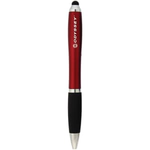 A red stylus pen with a black grip and a silver clip, featuring a logo.