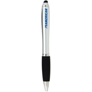 A silver stylus pen with a black rubber grip, featuring a logo on the barrel.