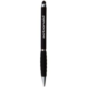 A black stylus pen with a rubber grip, featuring a branding logo on the side.