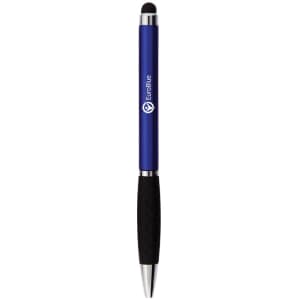 A blue stylus pen with a silver accent and a black rubber grip, featuring a logo.