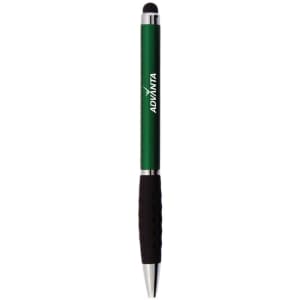 A green stylus pen with a black rubber grip, featuring a silver clip and branding.