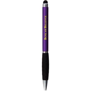 A purple stylus pen with a black grip and a logo on its side. Ideal for writing and touchscreen use.