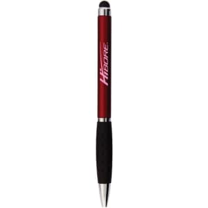 A red stylus pen with a black grip and a metallic finish, featuring a logo.