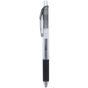 A clear gel ink pen with a black grip, featuring a silver clip and a transparent barrel. It has a branding logo.