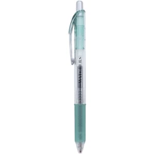 A gel ink pen in mint green with a clear barrel and a textured grip. The pen features a clip and branding.