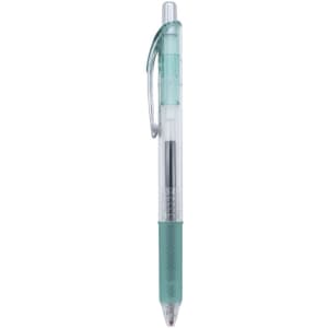 A gel ink pen in green with a transparent barrel and silver accents, featuring a clip and textured grip.