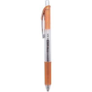 A gel ink pen with a transparent barrel and orange accents, featuring a comfort grip and a clip.