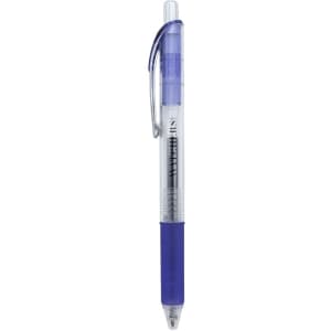 A gel ink pen with a clear barrel, purple grip, and a purple click top, featuring a logo on the side.