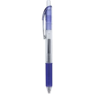 A purple gel ink pen with a transparent body and a clip, featuring a silver nib and a textured grip.