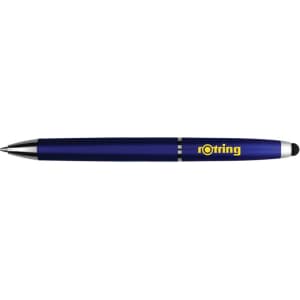 A blue stylus pen with a silver tip and branding on the side.