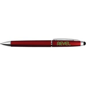 A red stylus pen with a silver clip and tip, featuring a logo on the side.