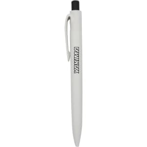 A white plastic pen with a black ink tip and a logo on the barrel.