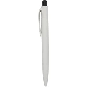 A white plastic pen with a black tip and a clip, featuring a branding logo.