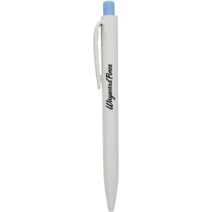 A white plastic pen with a light blue cap and clip, featuring a logo on the side.