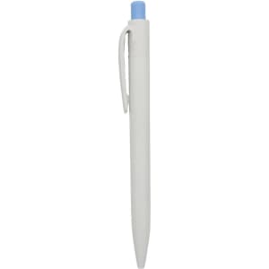 A white plastic pen with a light blue cap and a clip. The pen has a smooth, streamlined design.