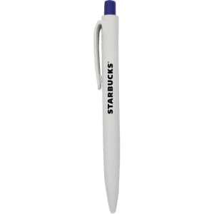 A white plastic pen with a purple cap and a logo, featuring a simple design and a clip for easy attachment.