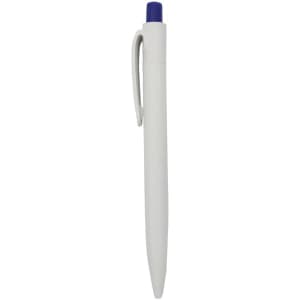 A plastic pen in white with a purple top and a clip, featuring a logo.