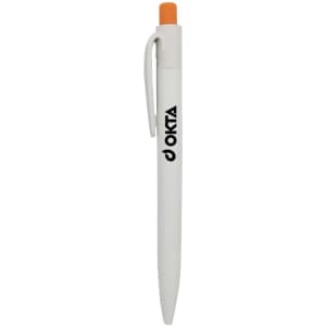 A white plastic pen with an orange tip and a clip, featuring a logo on the barrel.
