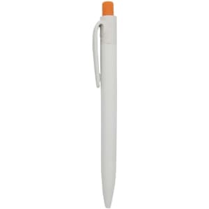 A white plastic pen with an orange tip and a clip, featuring a logo.