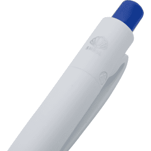 A white pen with a blue cap and a logo, designed in the shape of a sea shell.