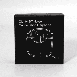 A black box containing Clarity BT Noise Cancellation Earphones, featuring a design outline of the earbuds inside.