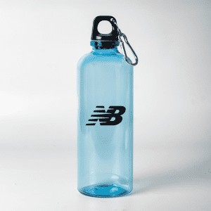 A drink bottle in blue plastic with a carabiner and a logo featured prominently.