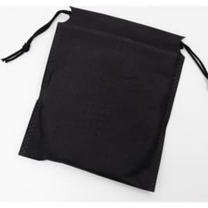 A black drawstring pouch with a textured surface and open top, designed for storage or carrying items.