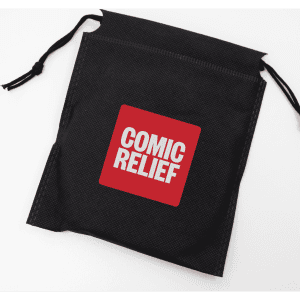 A black drawstring pouch featuring a red square with a white logo.